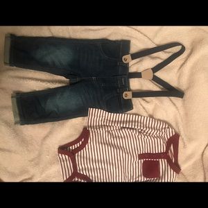 🐷🐴Jeans w/Suspenders &striped long-sleeve onesie